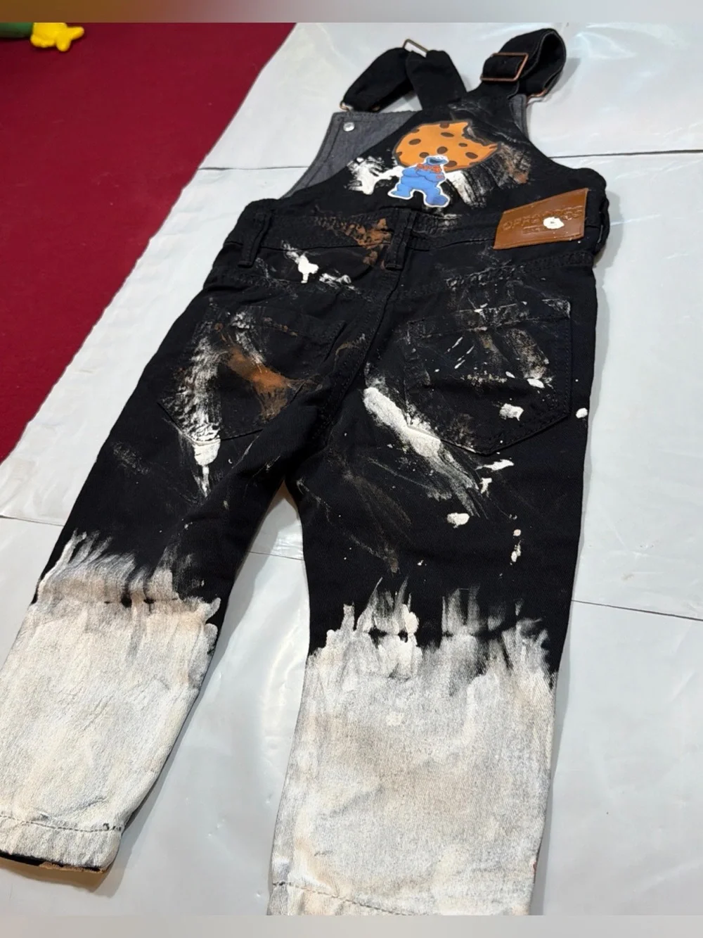 OFFCORSS BLACK denim bib overall jeans white tan paint splatters COOKIE MONSTER